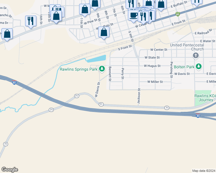 map of restaurants, bars, coffee shops, grocery stores, and more near 700-726 Bennett Street in Rawlins