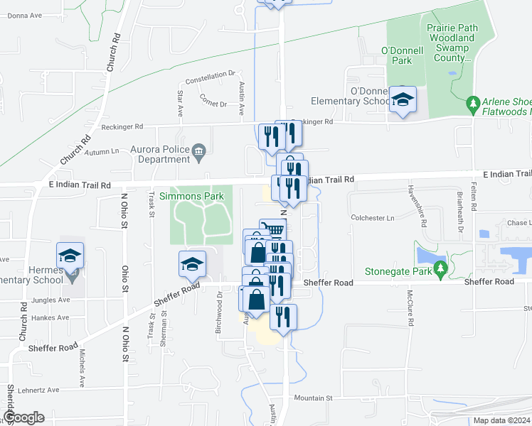 map of restaurants, bars, coffee shops, grocery stores, and more near 1110 North Farnsworth Avenue in Aurora