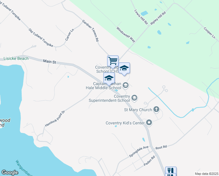 map of restaurants, bars, coffee shops, grocery stores, and more near 1776 Main Street in Coventry