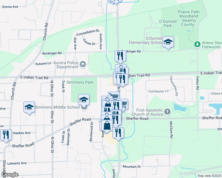 map of restaurants, bars, coffee shops, grocery stores, and more near 1110 North Farnsworth Avenue in Aurora