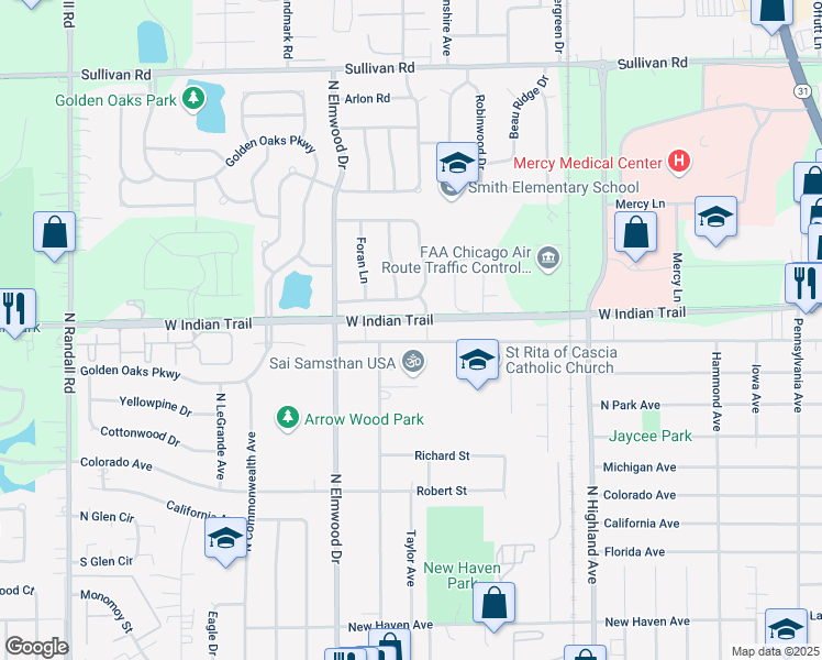 map of restaurants, bars, coffee shops, grocery stores, and more near 871 Old Indian Trail in Aurora