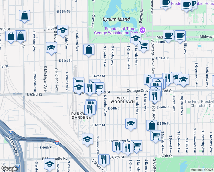 map of restaurants, bars, coffee shops, grocery stores, and more near 6232 South Eberhart Avenue in Chicago