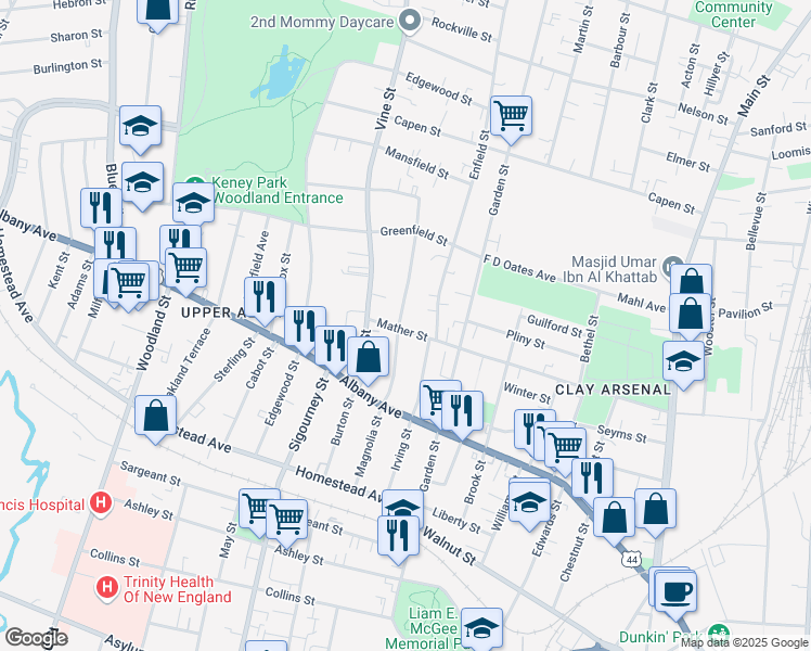 map of restaurants, bars, coffee shops, grocery stores, and more near 240 Mather Street in Hartford