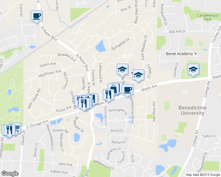map of restaurants, bars, coffee shops, grocery stores, and more near 24W661 Lakewood Drive in Naperville