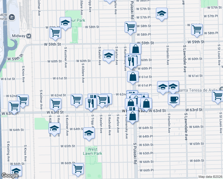 map of restaurants, bars, coffee shops, grocery stores, and more near 6143 South Kedvale Avenue in Chicago