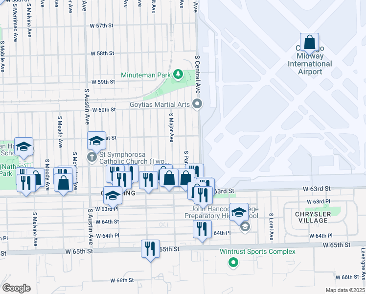 map of restaurants, bars, coffee shops, grocery stores, and more near 6122 South Parkside Avenue in Chicago