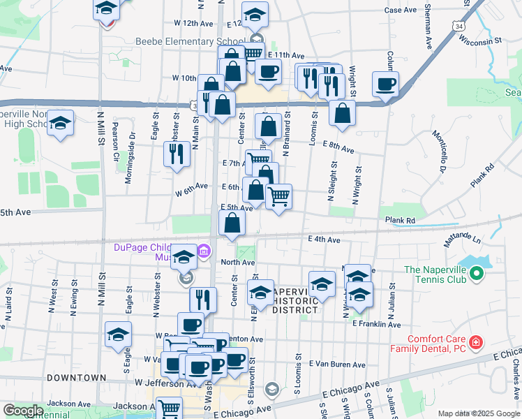 map of restaurants, bars, coffee shops, grocery stores, and more near 203 East 5th Avenue in Naperville