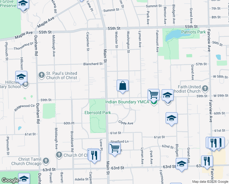 map of restaurants, bars, coffee shops, grocery stores, and more near 5828 Webster Street in Downers Grove