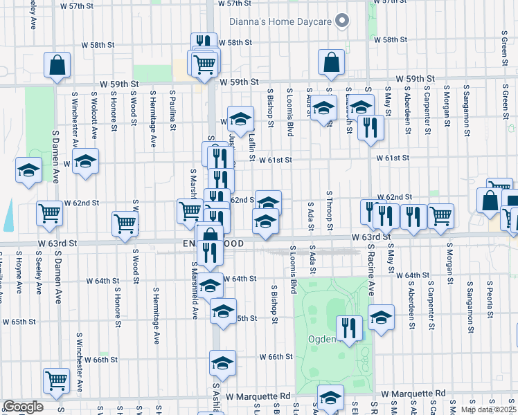 map of restaurants, bars, coffee shops, grocery stores, and more near 6209 S Laflin St in Chicago