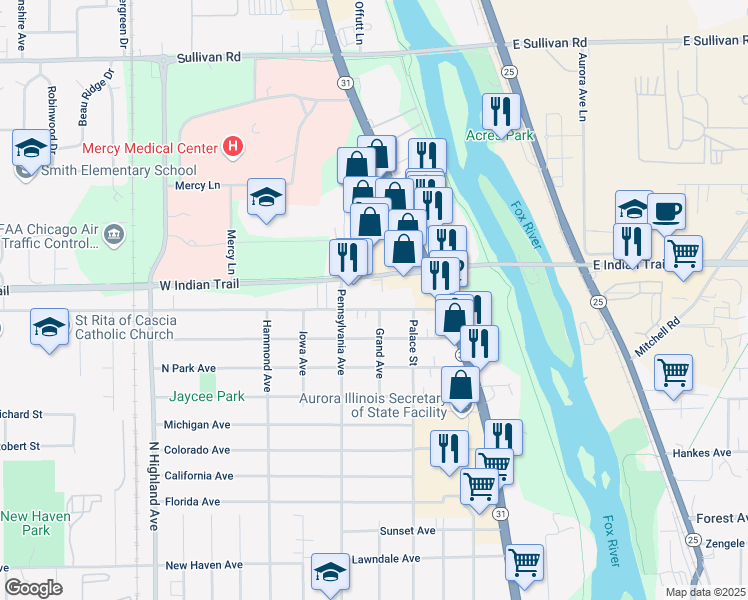 map of restaurants, bars, coffee shops, grocery stores, and more near 355 Old Indian Trail in Aurora