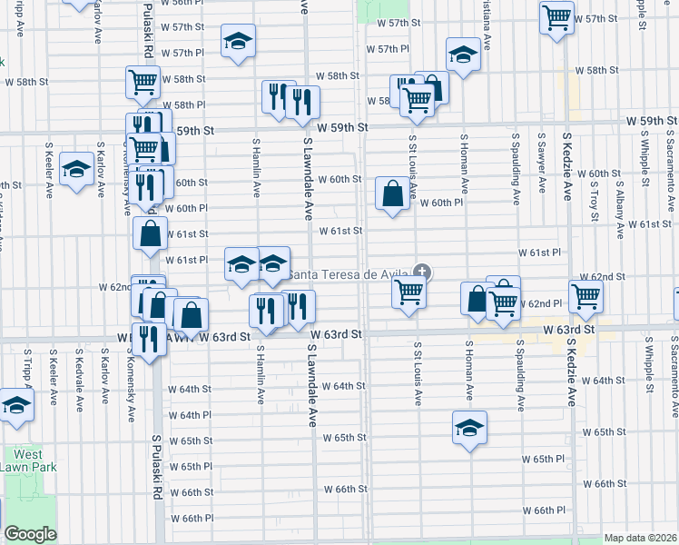 map of restaurants, bars, coffee shops, grocery stores, and more near 3624 West 62nd Street in Chicago