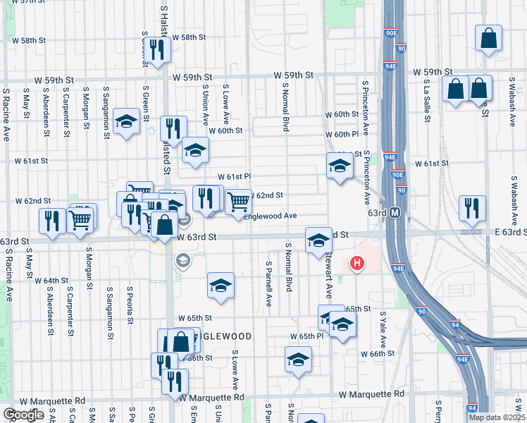 map of restaurants, bars, coffee shops, grocery stores, and more near 536 West Englewood Avenue in Chicago
