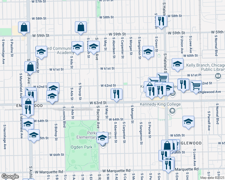 map of restaurants, bars, coffee shops, grocery stores, and more near 6214 South Aberdeen Street in Chicago