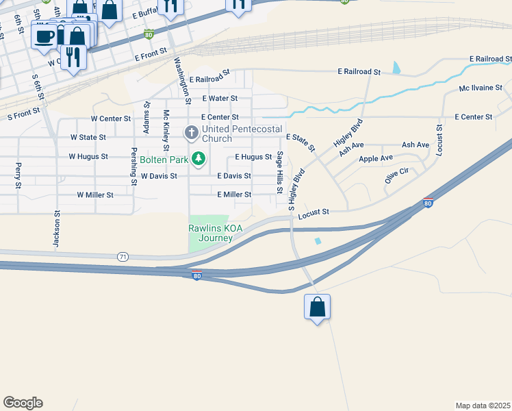 map of restaurants, bars, coffee shops, grocery stores, and more near 10 Monte Vista Tr Court in Rawlins