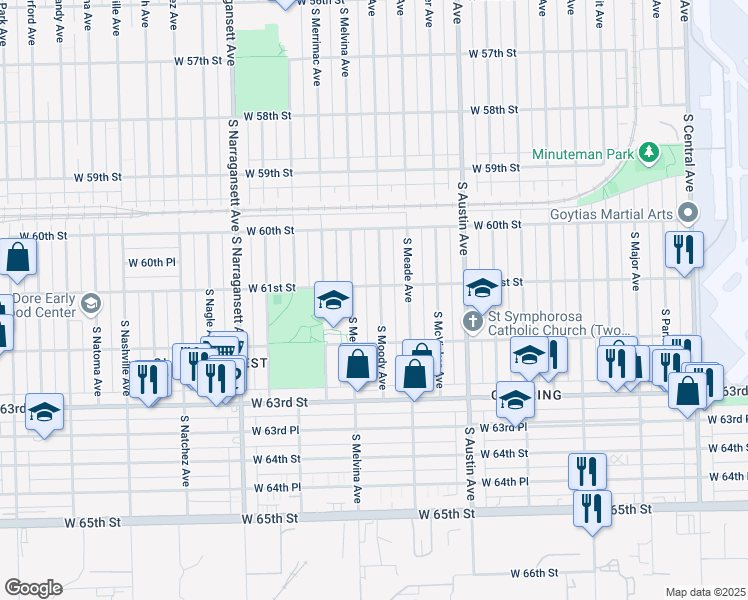 map of restaurants, bars, coffee shops, grocery stores, and more near 6112 South Moody Avenue in Chicago