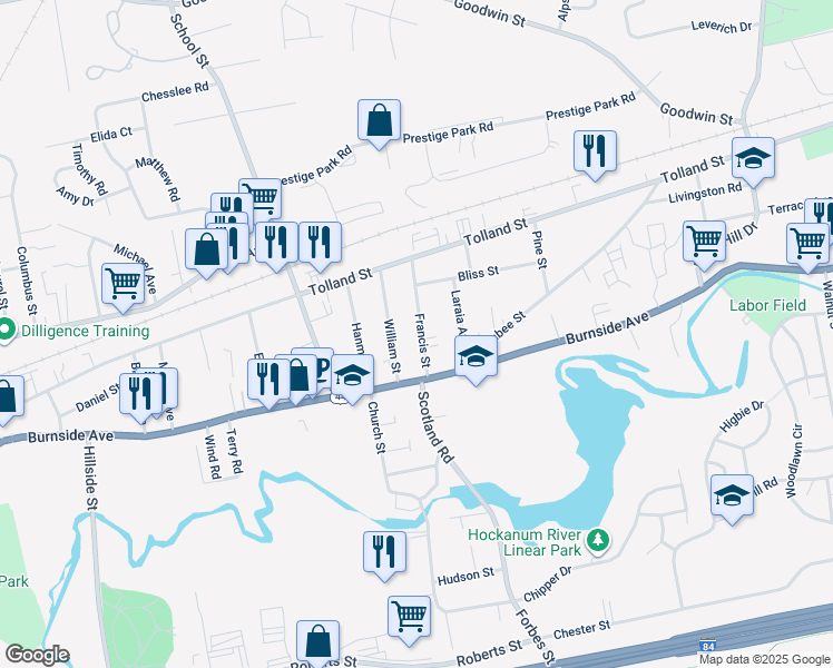 map of restaurants, bars, coffee shops, grocery stores, and more near 37 Francis Street in East Hartford