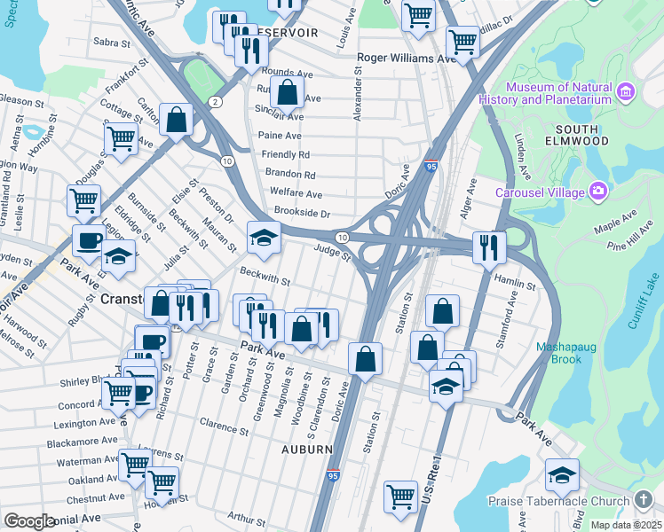 map of restaurants, bars, coffee shops, grocery stores, and more near 22 Woodbine Street in Cranston