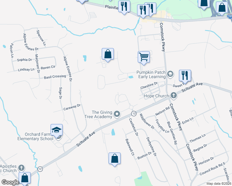 map of restaurants, bars, coffee shops, grocery stores, and more near 10 Southern Industrial Drive in Cranston