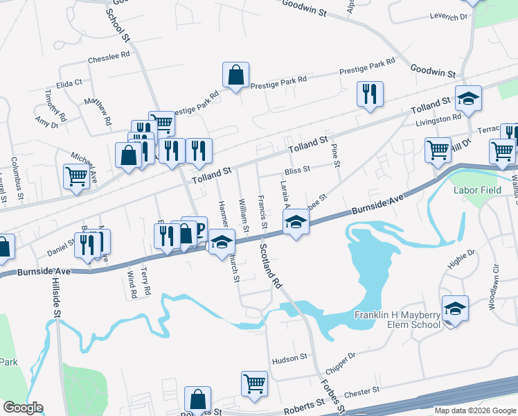 map of restaurants, bars, coffee shops, grocery stores, and more near 37 Francis Street in East Hartford