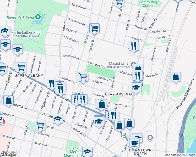 map of restaurants, bars, coffee shops, grocery stores, and more near 175 Brook Street in Hartford
