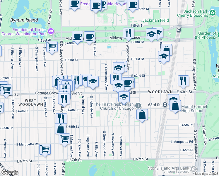 map of restaurants, bars, coffee shops, grocery stores, and more near 6240 South University Avenue in Chicago