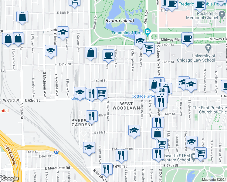 map of restaurants, bars, coffee shops, grocery stores, and more near 6233 South Rhodes Avenue in Chicago
