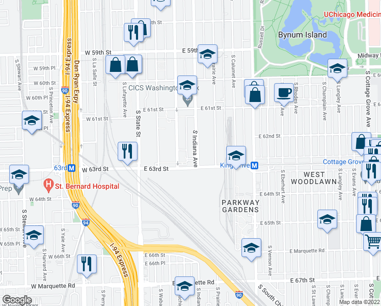 map of restaurants, bars, coffee shops, grocery stores, and more near 6230 South Indiana Avenue in Chicago