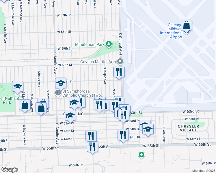 map of restaurants, bars, coffee shops, grocery stores, and more near 6122 South Parkside Avenue in Chicago