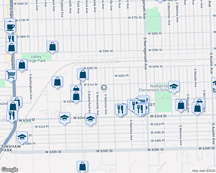 map of restaurants, bars, coffee shops, grocery stores, and more near 6107 South Natoma Avenue in Chicago
