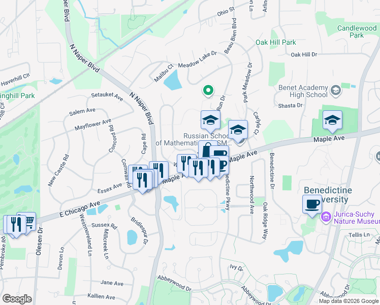 map of restaurants, bars, coffee shops, grocery stores, and more near 24W661 Lakewood Drive in Naperville