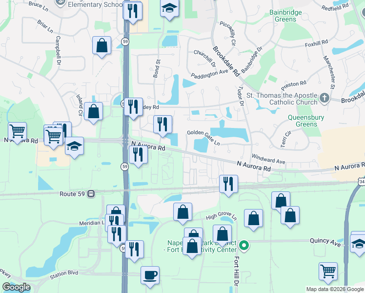 map of restaurants, bars, coffee shops, grocery stores, and more near 1994 Golden Gate Lane in Naperville