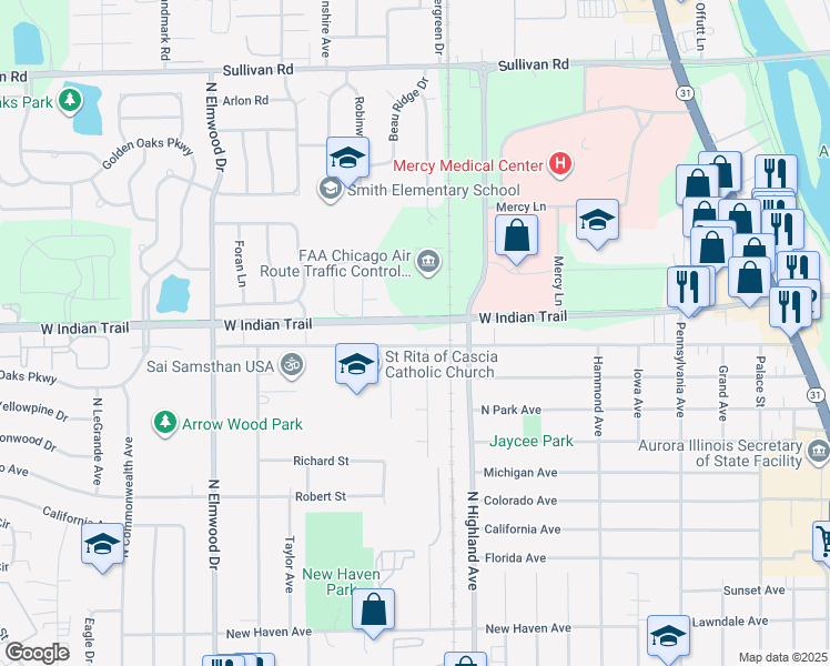 map of restaurants, bars, coffee shops, grocery stores, and more near 697 Old Indian Trail in Aurora