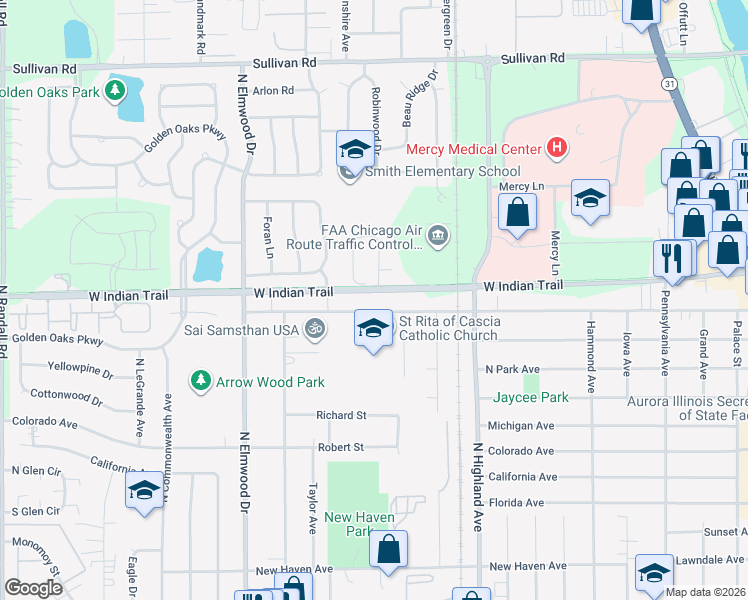 map of restaurants, bars, coffee shops, grocery stores, and more near 1178 Nantucket Road in Aurora