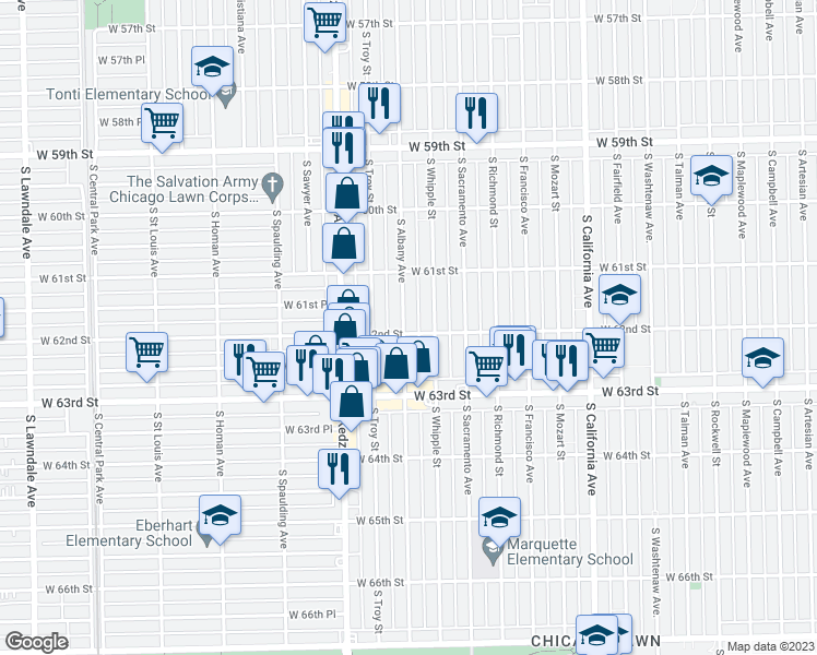 map of restaurants, bars, coffee shops, grocery stores, and more near 6159 South Albany Avenue in Chicago