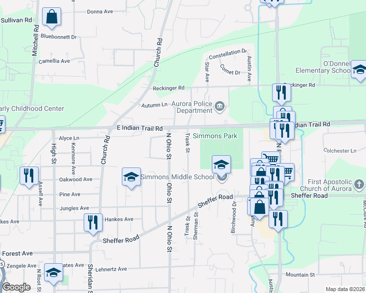 map of restaurants, bars, coffee shops, grocery stores, and more near 1120 Trask Street in Aurora
