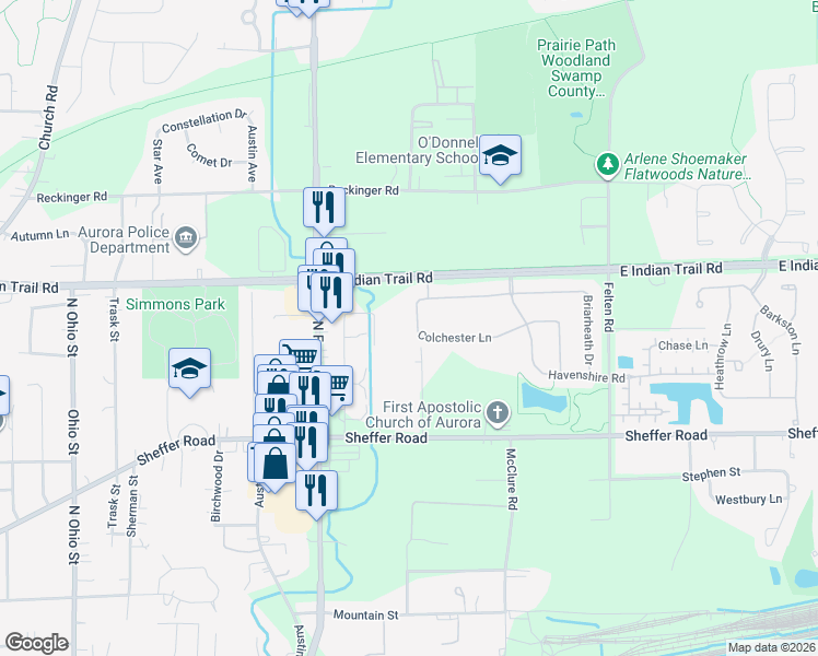map of restaurants, bars, coffee shops, grocery stores, and more near 1388 Colchester Lane in Aurora