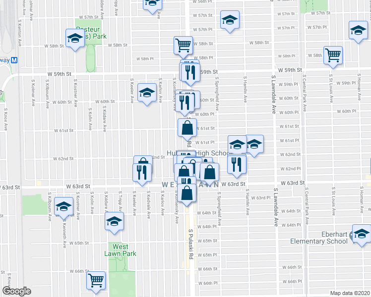 map of restaurants, bars, coffee shops, grocery stores, and more near 6142 South Pulaski Road in Chicago