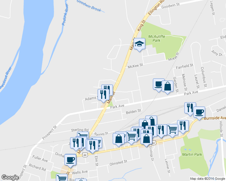 map of restaurants, bars, coffee shops, grocery stores, and more near 1589 Main Street in East Hartford