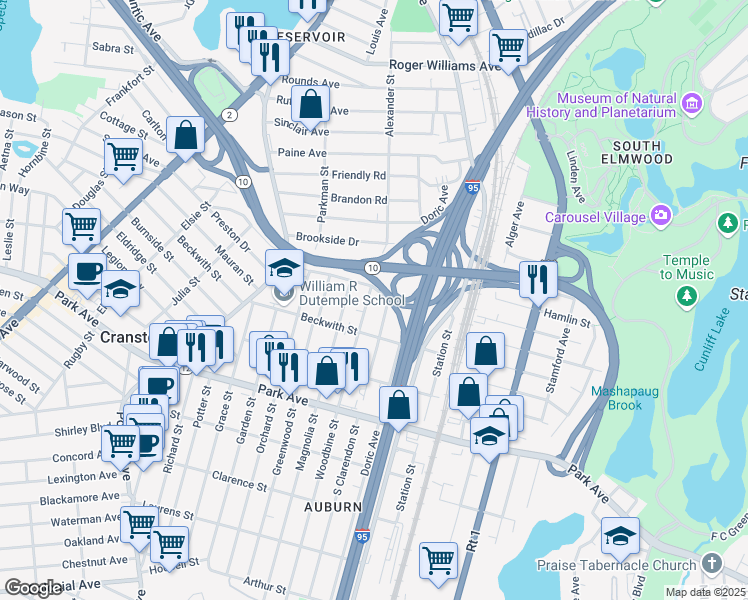 map of restaurants, bars, coffee shops, grocery stores, and more near 22 Woodbine Street in Cranston