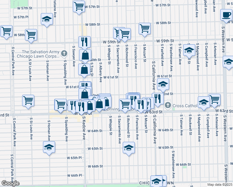 map of restaurants, bars, coffee shops, grocery stores, and more near 3008 West 62nd Street in Chicago