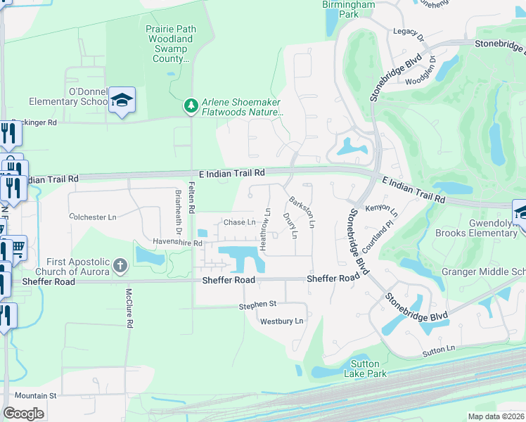 map of restaurants, bars, coffee shops, grocery stores, and more near 1182 Heathrow Lane in Aurora