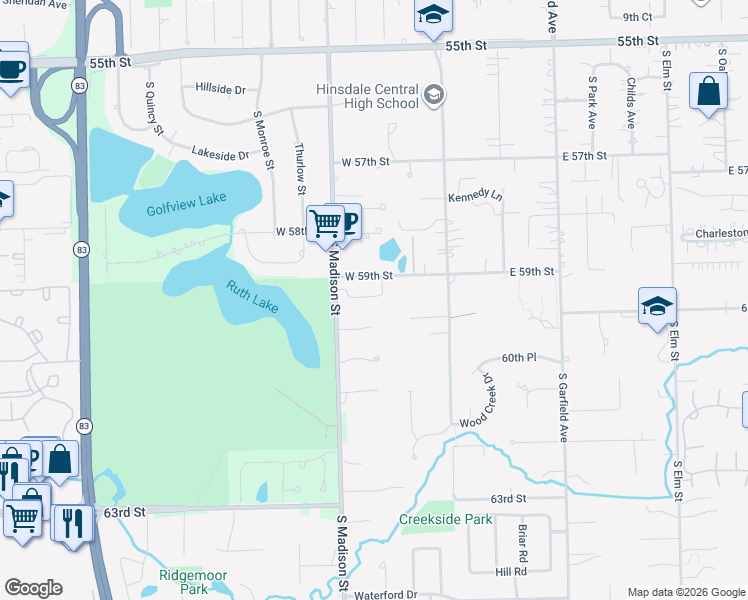 map of restaurants, bars, coffee shops, grocery stores, and more near 469 Old Surrey Road in Hinsdale