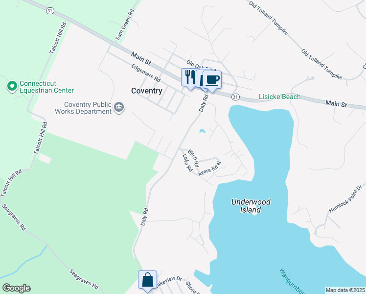 map of restaurants, bars, coffee shops, grocery stores, and more near 5 Lake Road in Coventry