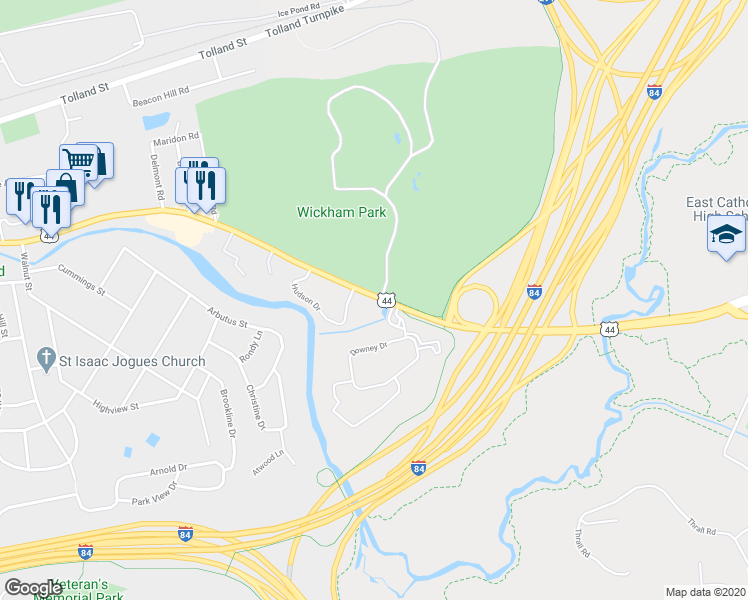 map of restaurants, bars, coffee shops, grocery stores, and more near 1222 Middle Turnpike West in Manchester