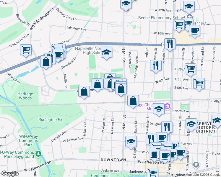 map of restaurants, bars, coffee shops, grocery stores, and more near 576 West 5th Avenue in Naperville