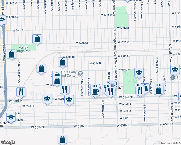 map of restaurants, bars, coffee shops, grocery stores, and more near 6105 South Nashville Avenue in Chicago