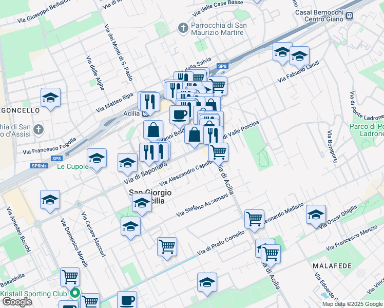 map of restaurants, bars, coffee shops, grocery stores, and more near 24 Via di Saponara in Acilia-castel Fusano-ostia Antica