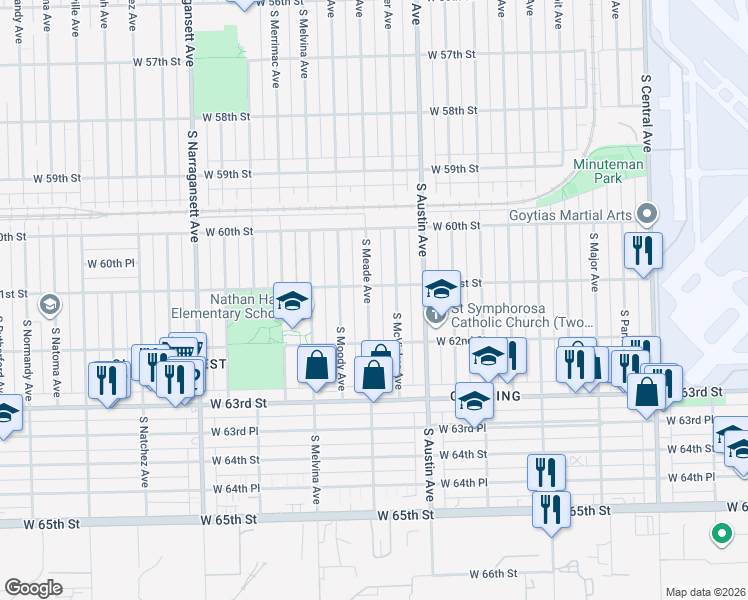 map of restaurants, bars, coffee shops, grocery stores, and more near 6115 South Meade Avenue in Chicago