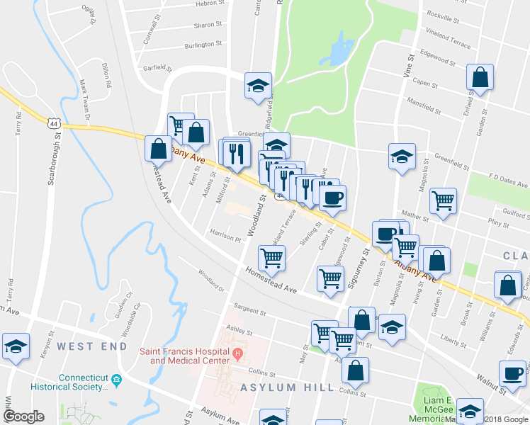 map of restaurants, bars, coffee shops, grocery stores, and more near 418 Woodland Street in Hartford