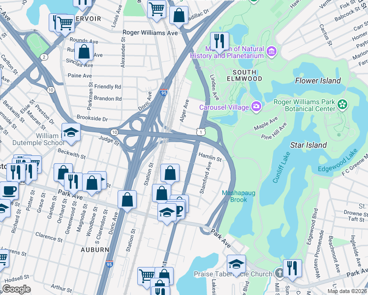 map of restaurants, bars, coffee shops, grocery stores, and more near 81 Hamlin St in Providence